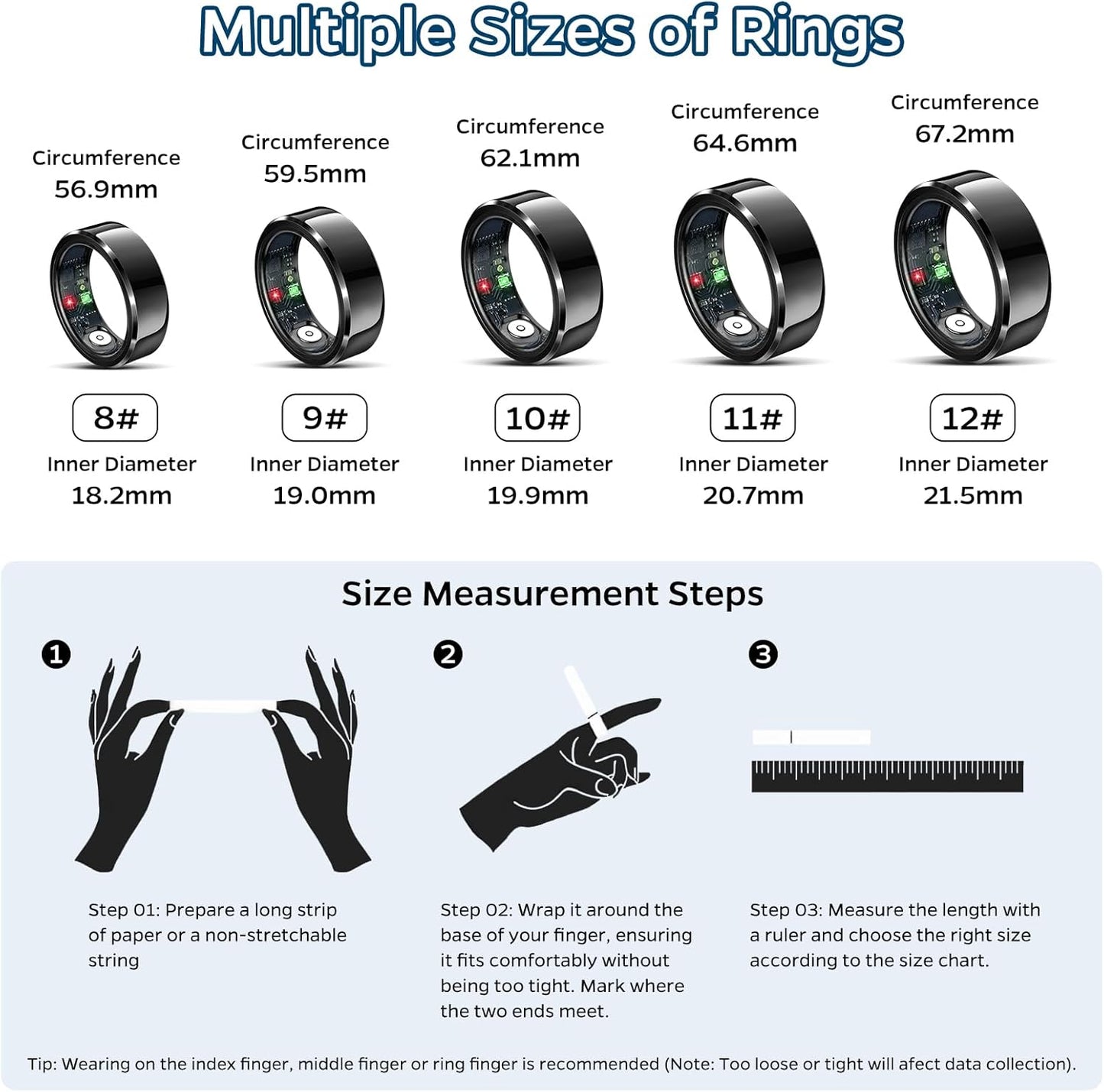 Smart Ring Health Tracker, Sleep Tracker Ring with Heart Rate, Waterproof Fitness Ring for Activity Monitoring/Steps/Distance/Calories, Air Gestures,Up to 7-Day Battery, for Ios and Android (Black,#9)